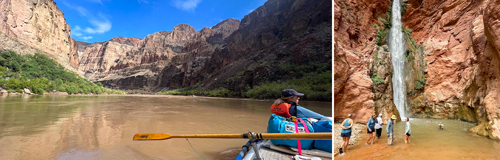2 Images - L to R: Photo in a raft of the river and Canyon rising up on both sides, The group swimming at a waterfall.